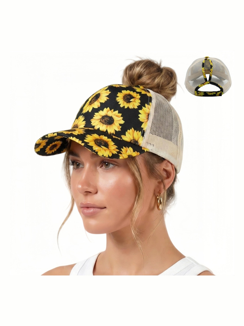Womens High Ponytail Messy Bun Baseball Caps | Sunflower Pattern | Size OS
